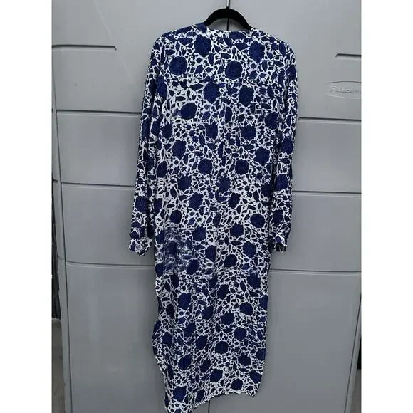 Natalie Martin Indigo Floral Hand-Dyed 100% Silk Kaftan Dress Sz L Double Slit - Picture 11 of 11